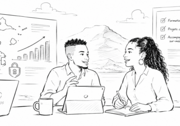 Illustration représentant des professionnels des Antilles-Guyane se formant à l'intelligence artificielle et à la cybersécurité chez OIDANEOS.
